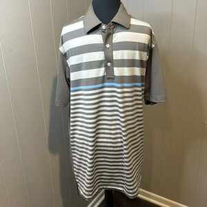 Dunning Golf gray/light gray/blue stripe front; solid gray back golf polo. Med